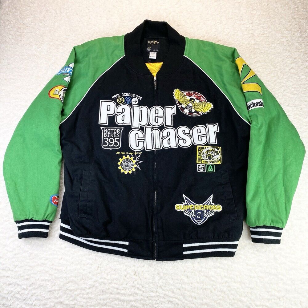 Paper Chaser Bomber Jacket Men’s 3XL Black Green Patch Varsity Zip Up Coat